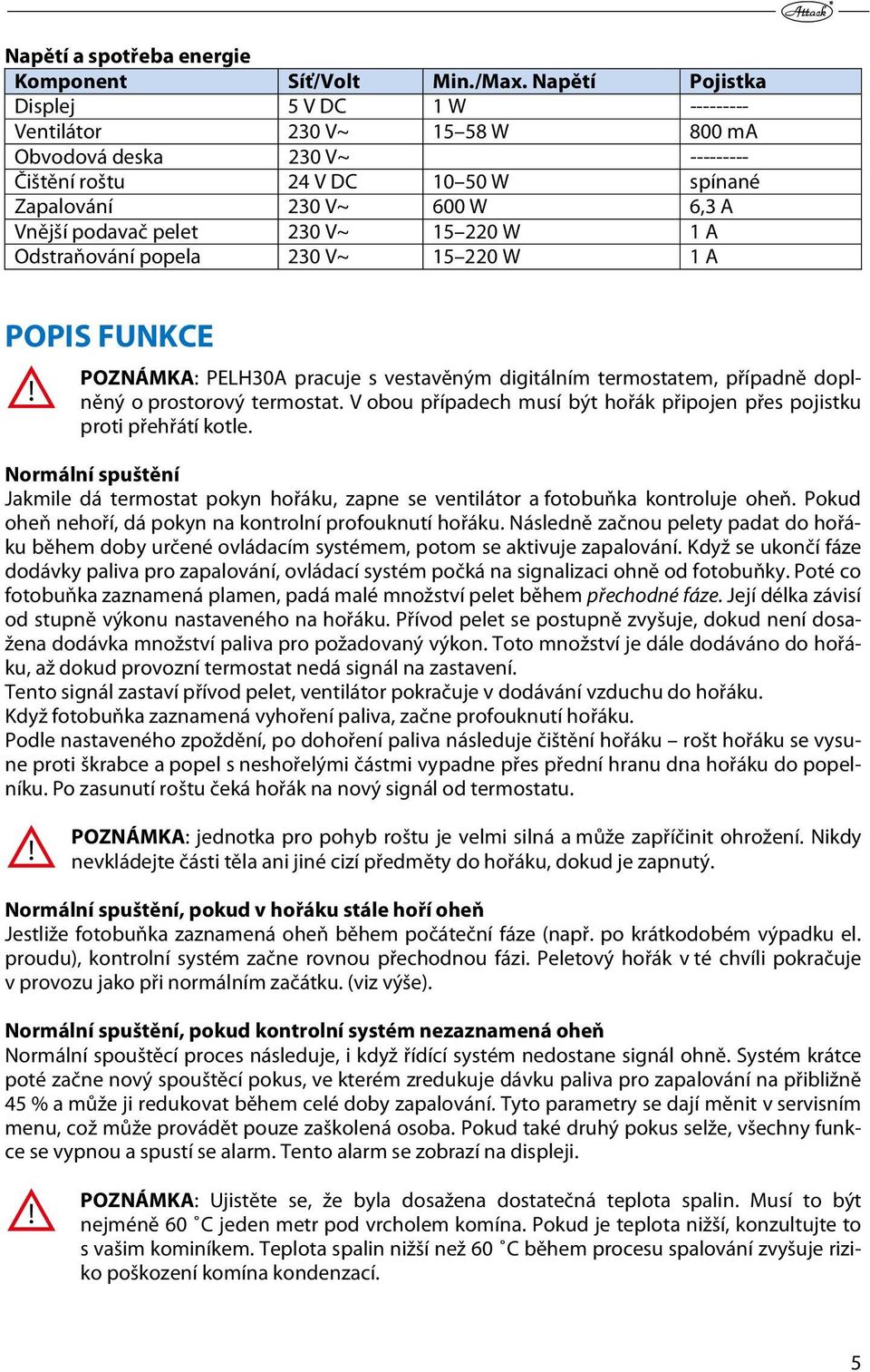 230 V~ 15 220 W 1 A Odstraňování popela 230 V~ 15 220 W 1 A POPIS FUNKCE POZNÁMKA: PELH30A pracuje s vestavěným digitálním termostatem, případně doplněný o prostorový termostat.