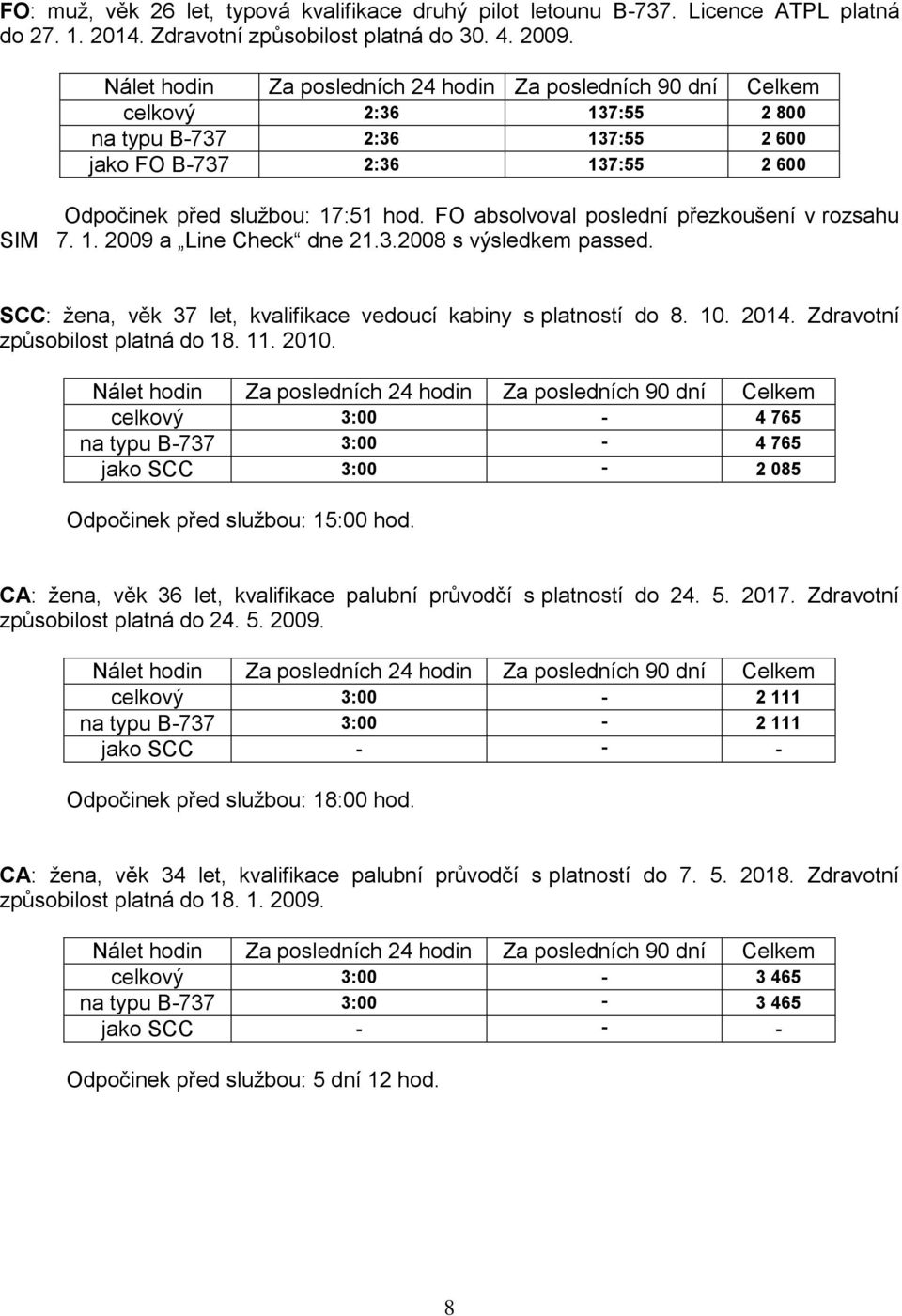 FO absolvoval poslední přezkoušení v rozsahu SIM 7. 1. 2009 a Line Check dne 21.3.2008 s výsledkem passed. SCC: ţena, věk 37 let, kvalifikace vedoucí kabiny s platností do 8. 10. 2014.