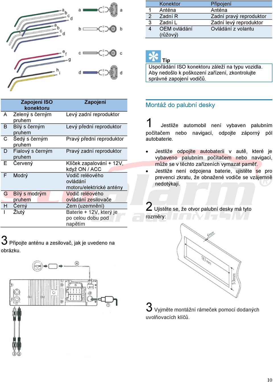 Zapojení ISO Zapojení konektoru A Zelený s černým Levý zadní reproduktor pruhem B Bílý s černým Levý přední reproduktor pruhem C Šedý s černým Pravý přední reproduktor pruhem D Fialový s černým Pravý