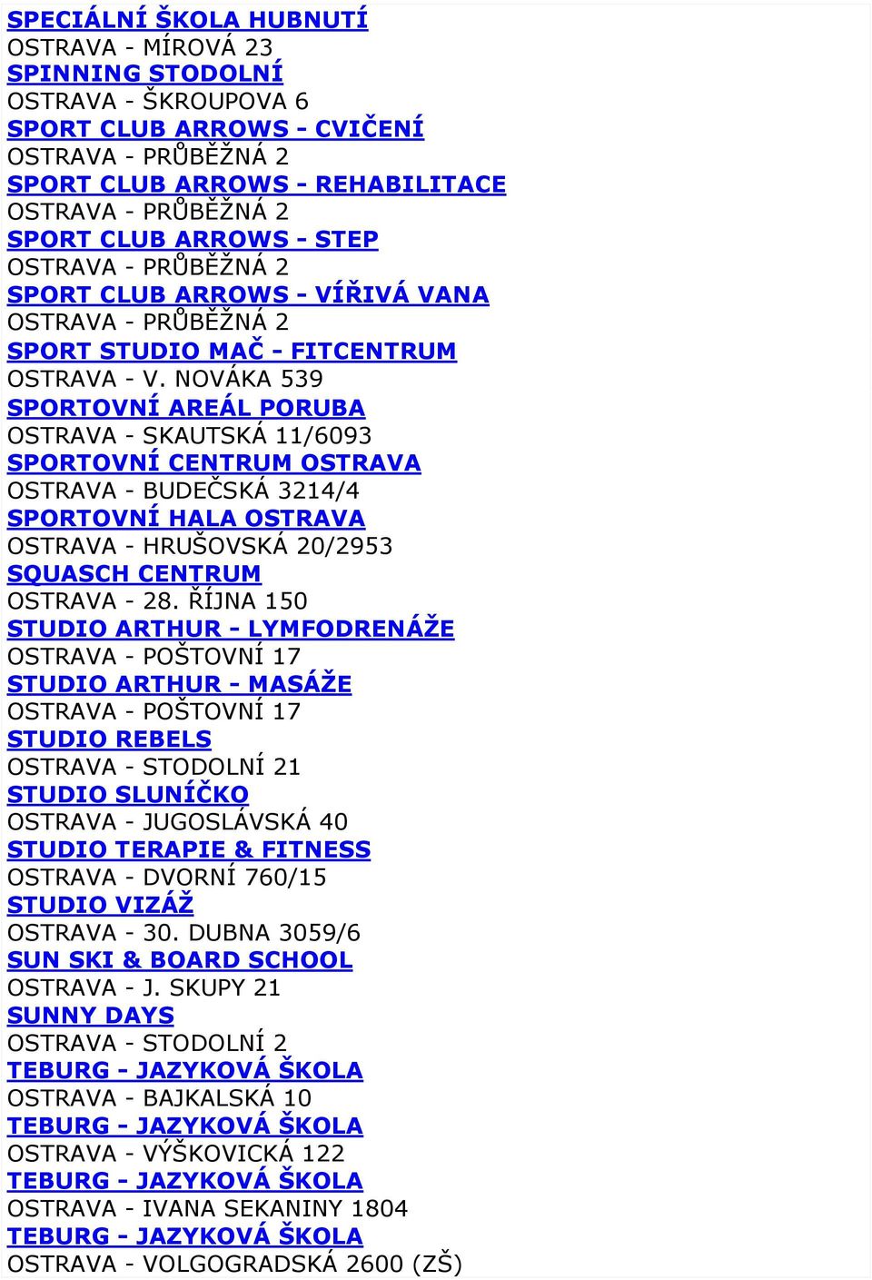 NOVÁKA 539 SPORTOVNÍ AREÁL PORUBA OSTRAVA - SKAUTSKÁ 11/6093 SPORTOVNÍ CENTRUM OSTRAVA OSTRAVA - BUDEČSKÁ 3214/4 SPORTOVNÍ HALA OSTRAVA OSTRAVA - HRUŠOVSKÁ 20/2953 SQUASCH CENTRUM OSTRAVA - 28.