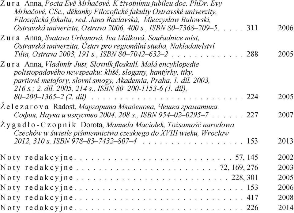 .... 311 2006 Zura Anna, Svatava Urbanová, Iva Málková, Souøadnice míst, Ostravská univerzita, Ústav pro regionální studia, Nakladatelství Tilia,Ostrava2003,191s.,ISBN80 7042 632 2.