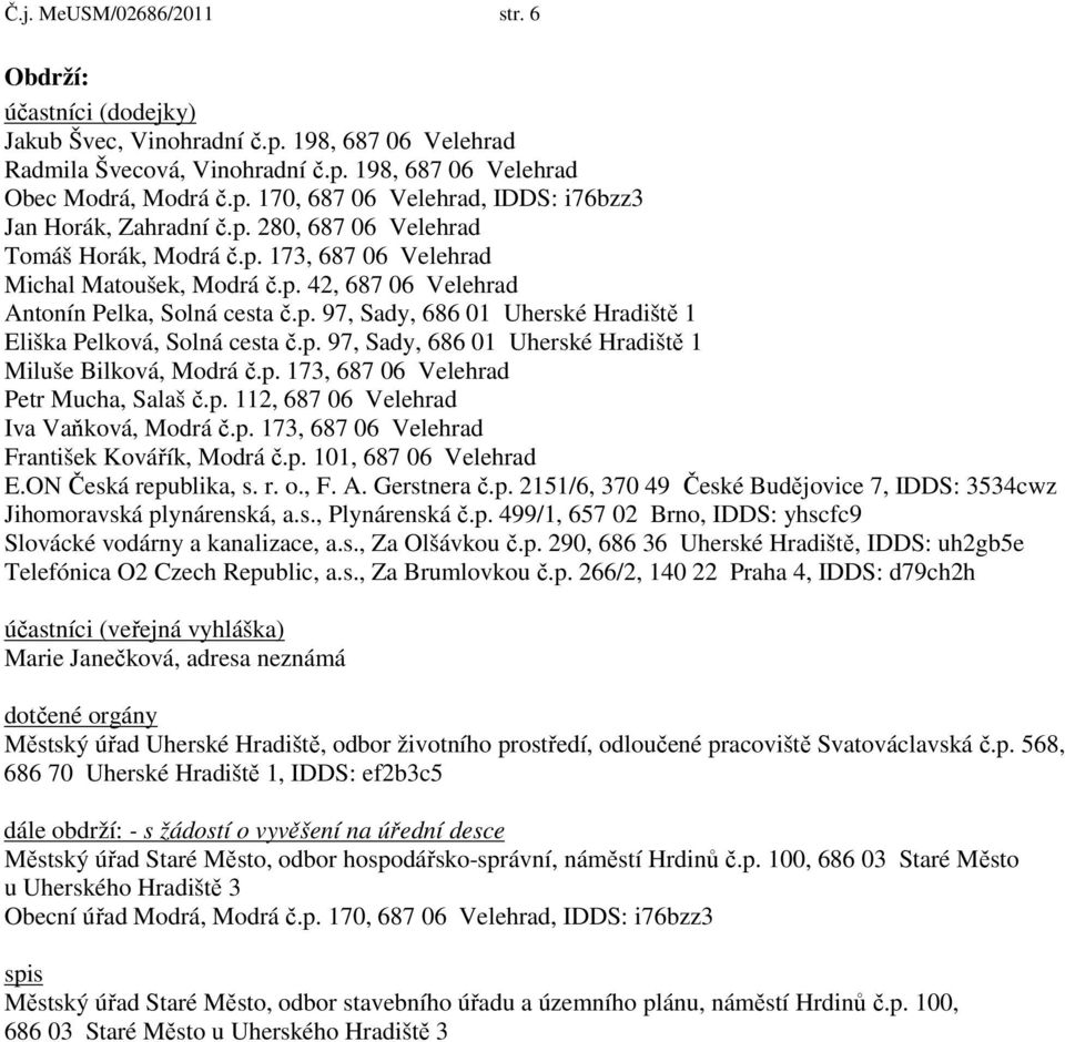 p. 97, Sady, 686 01 Uherské Hradiště 1 Miluše Bilková, Modrá č.p. 173, 687 06 Velehrad Petr Mucha, Salaš č.p. 112, 687 06 Velehrad Iva Vaňková, Modrá č.p. 173, 687 06 Velehrad František Kovářík, Modrá č.