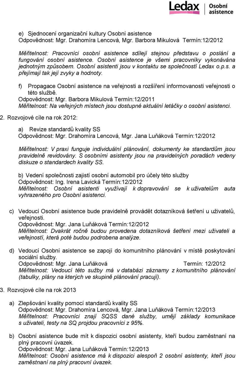 Osobní asistence je všemi pracovníky vykonávána jednotným způsobem. Osobní asistenti jsou v kontaktu se společností Ledax o.p.s. a přejímají tak její zvyky a hodnoty.