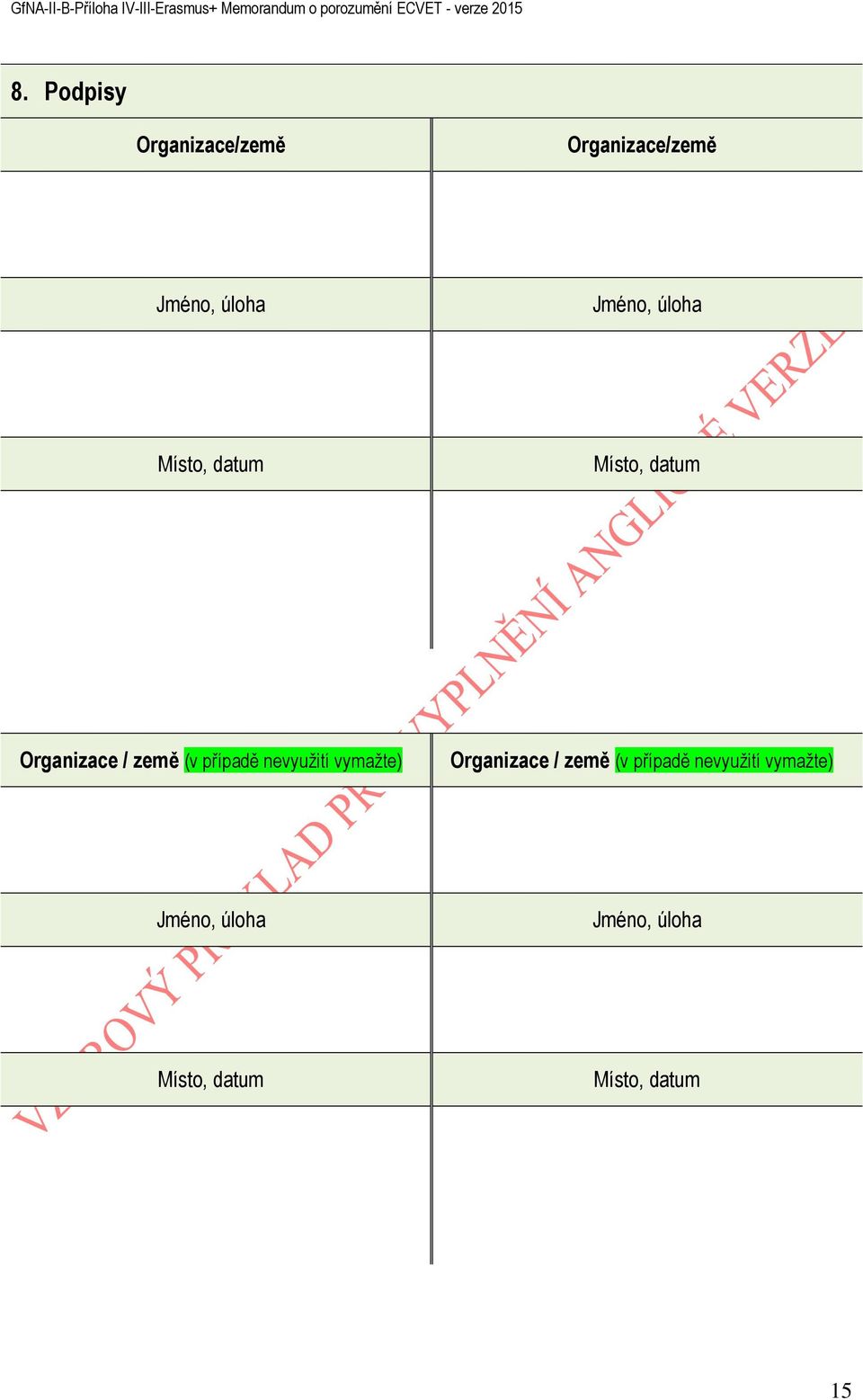 případě nevyužití vymažte) Organizace / země (v případě