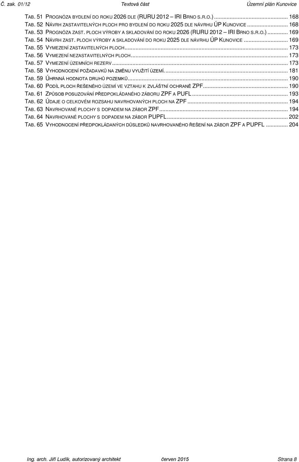 .. 173 TAB. 56 VYMEZENÍ NEZASTAVITELNÝCH PLOCH... 173 TAB. 57 VYMEZENÍ ÚZEMNÍCH REZERV... 173 TAB. 58 VYHODNOCENÍ POŽADAVKŮ NA ZMĚNU VYUŽITÍ ÚZEMÍ.... 181 TAB. 59 ÚHRNNÁ HODNOTA DRUHŮ POZEMKŮ.