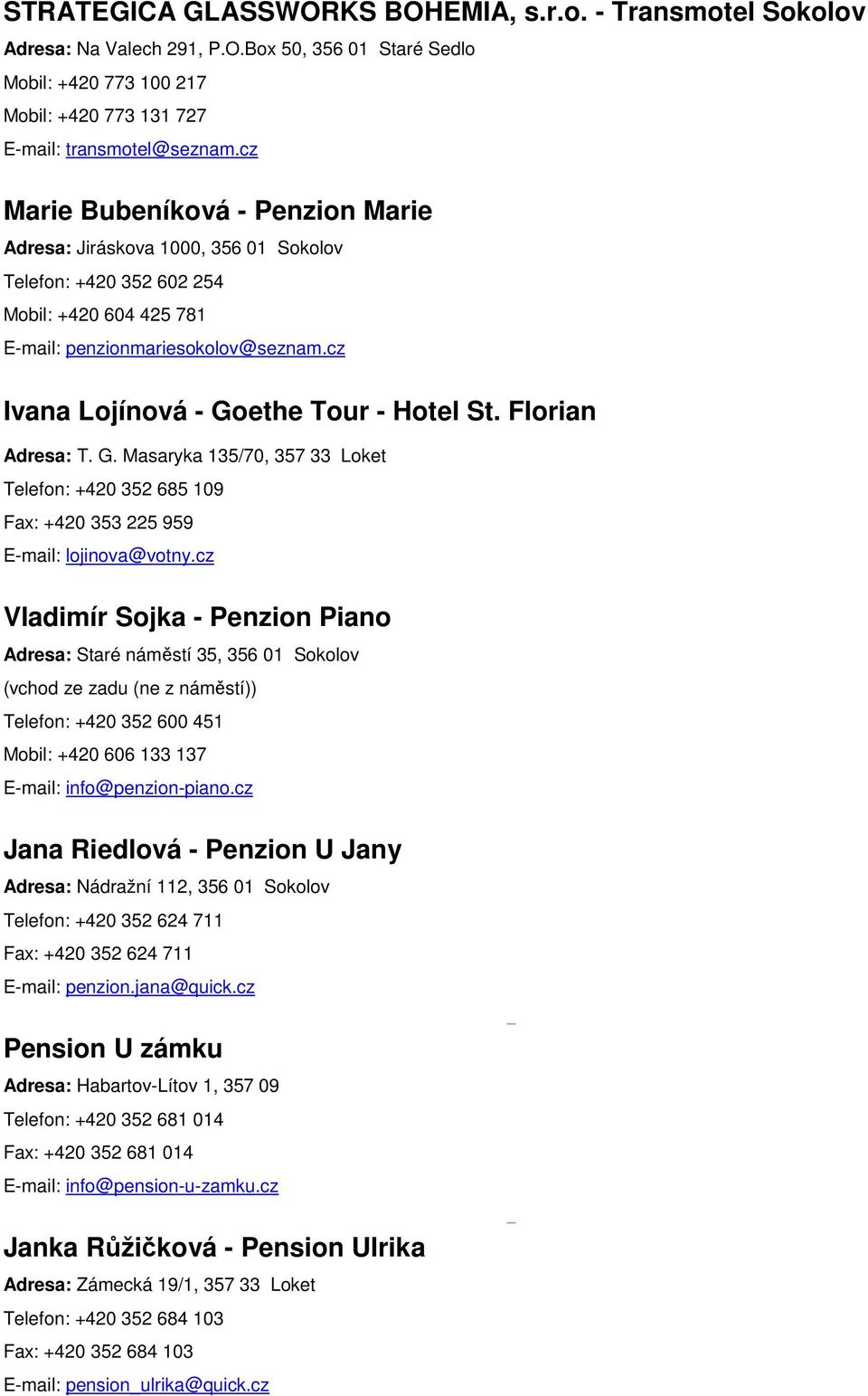 cz Ivana Lojínová - Goethe Tour - Hotel St. Florian Adresa: T. G. Masaryka 135/70, 357 33 Loket Telefon: +420 352 685 109 Fax: +420 353 225 959 E-mail: lojinova@votny.