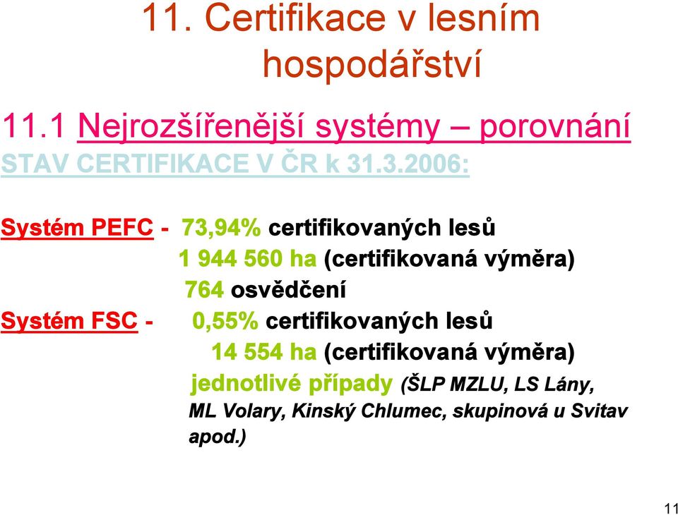 výměra) 764 osvědčení Systém FSC - 0,55% certifikovaných lesů 14 554 ha