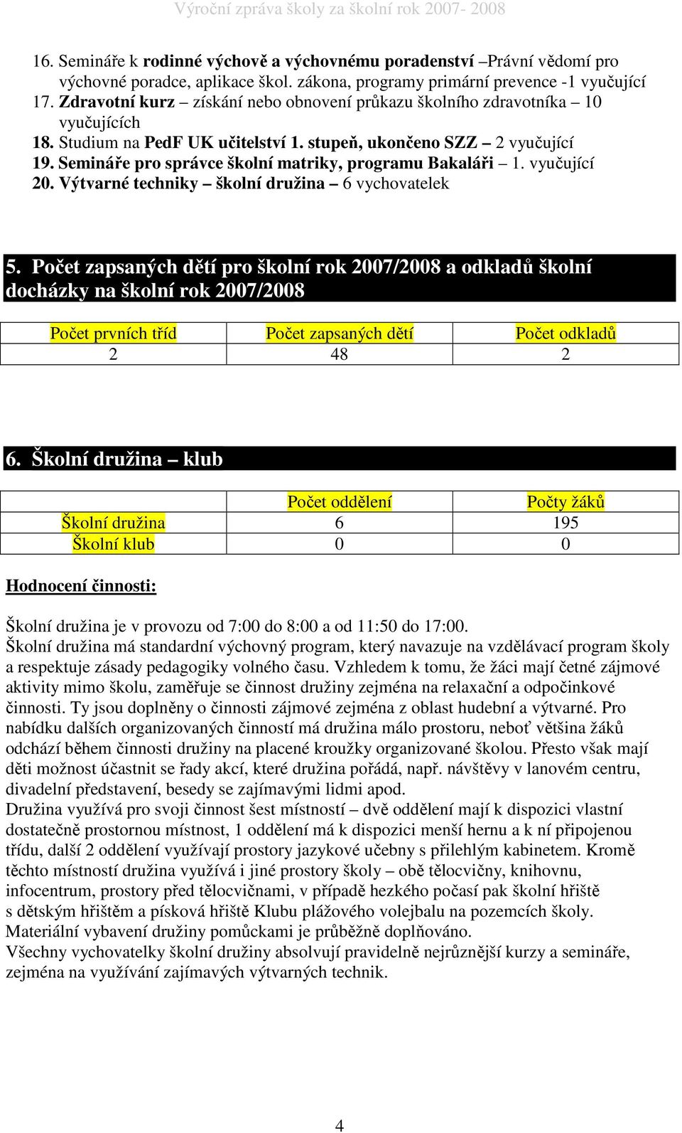Semináře pro správce školní matriky, programu Bakaláři 1. vyučující 20. Výtvarné techniky školní družina 6 vychovatelek 5.