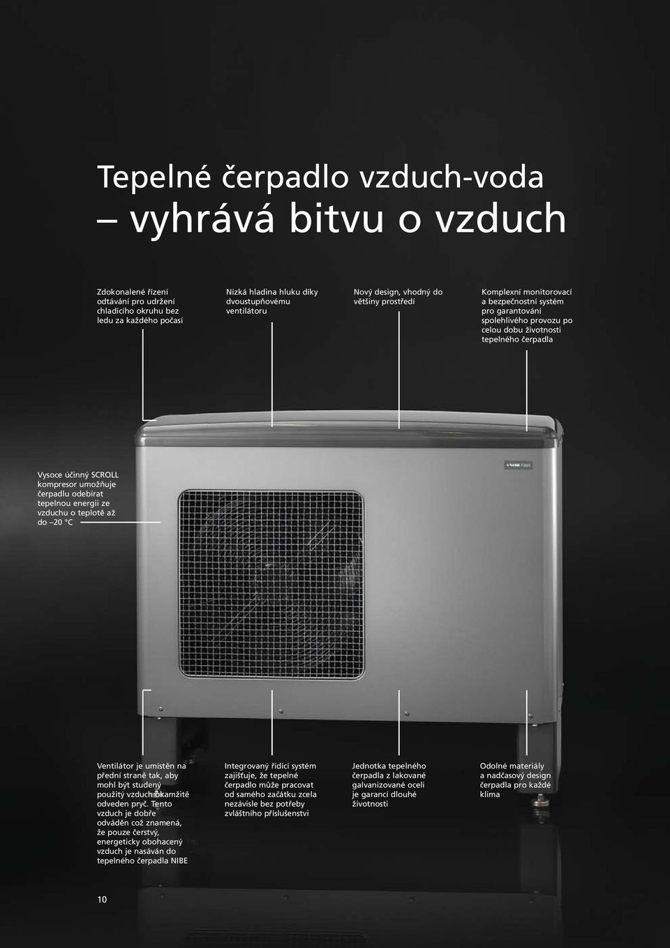 umožňuje čerpadlu odebírat tepelnou energii ze vzduchu o teplotě až do 20 C Ventilátor je umístěn na přední straně tak, aby mohl být studený použitý vzduch okamžitě odveden pryč.