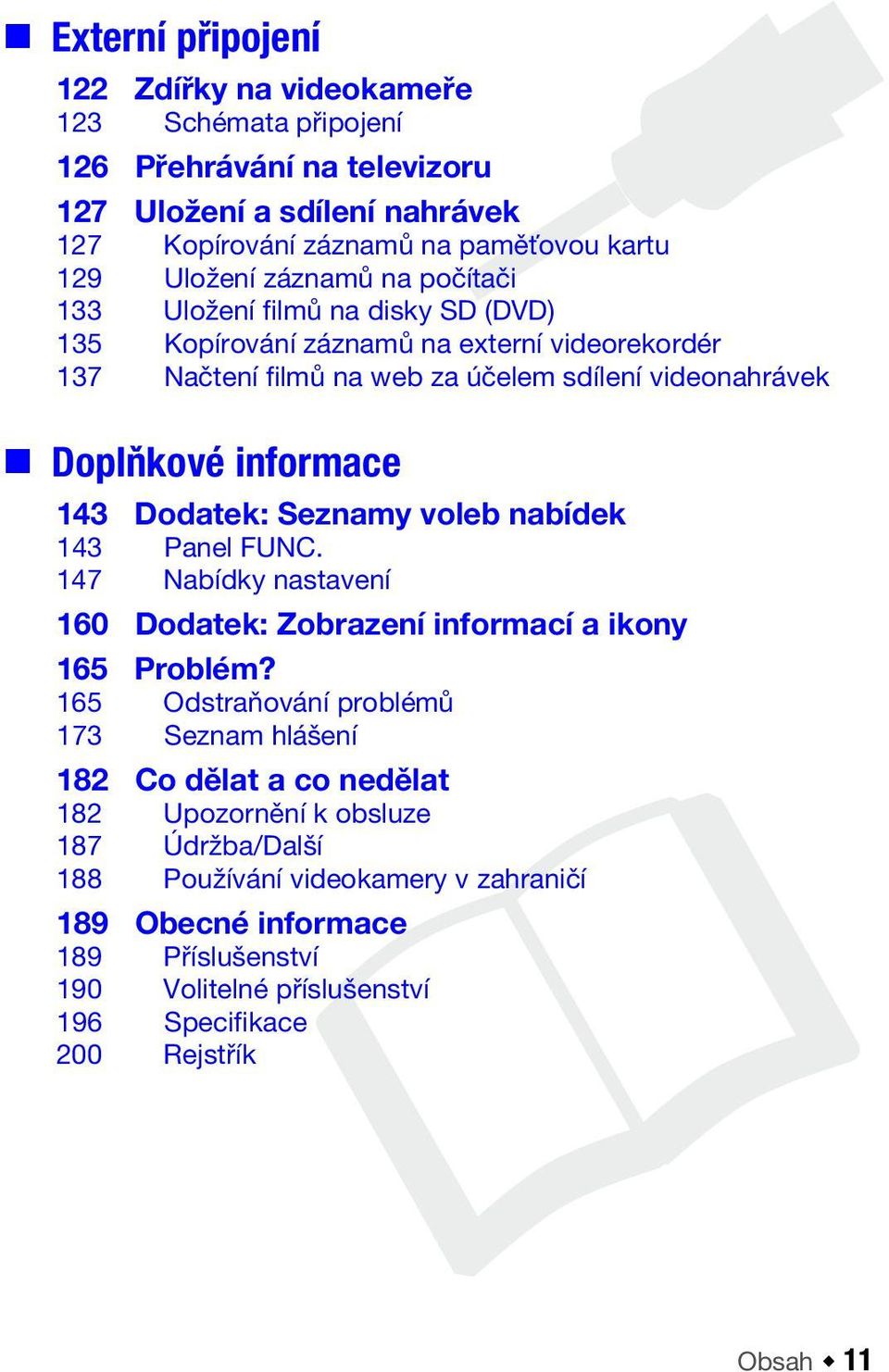 Dodatek: Seznamy voleb nabídek 143 Panel FUNC. 147 Nabídky nastavení 160 Dodatek: Zobrazení informací a ikony 165 Problém?