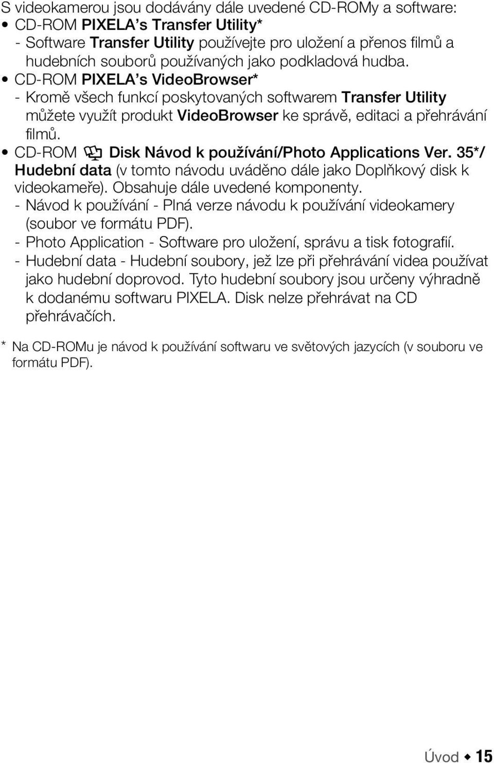 CD-ROM Y Disk Návod k používání/photo Applications Ver. 35*/ Hudební data (v tomto návodu uváděno dále jako Doplňkový disk k videokameře). Obsahuje dále uvedené komponenty.