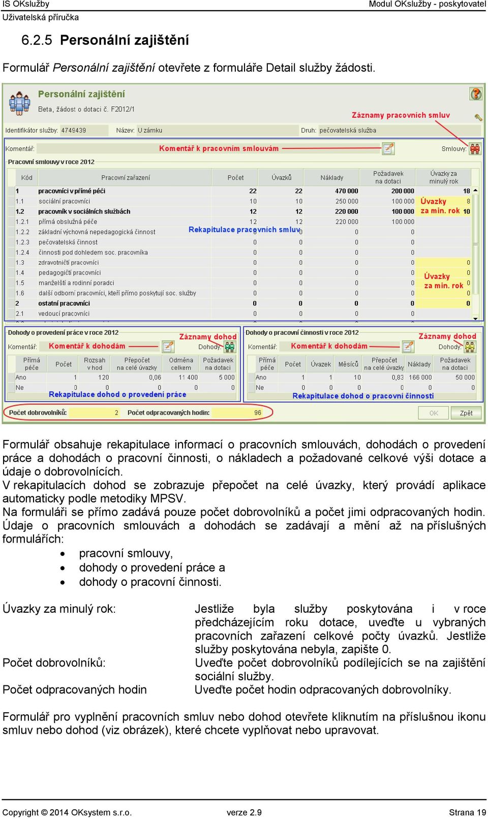 V rekapitulacích dohod se zobrazuje přepočet na celé úvazky, který provádí aplikace automaticky podle metodiky MPSV.