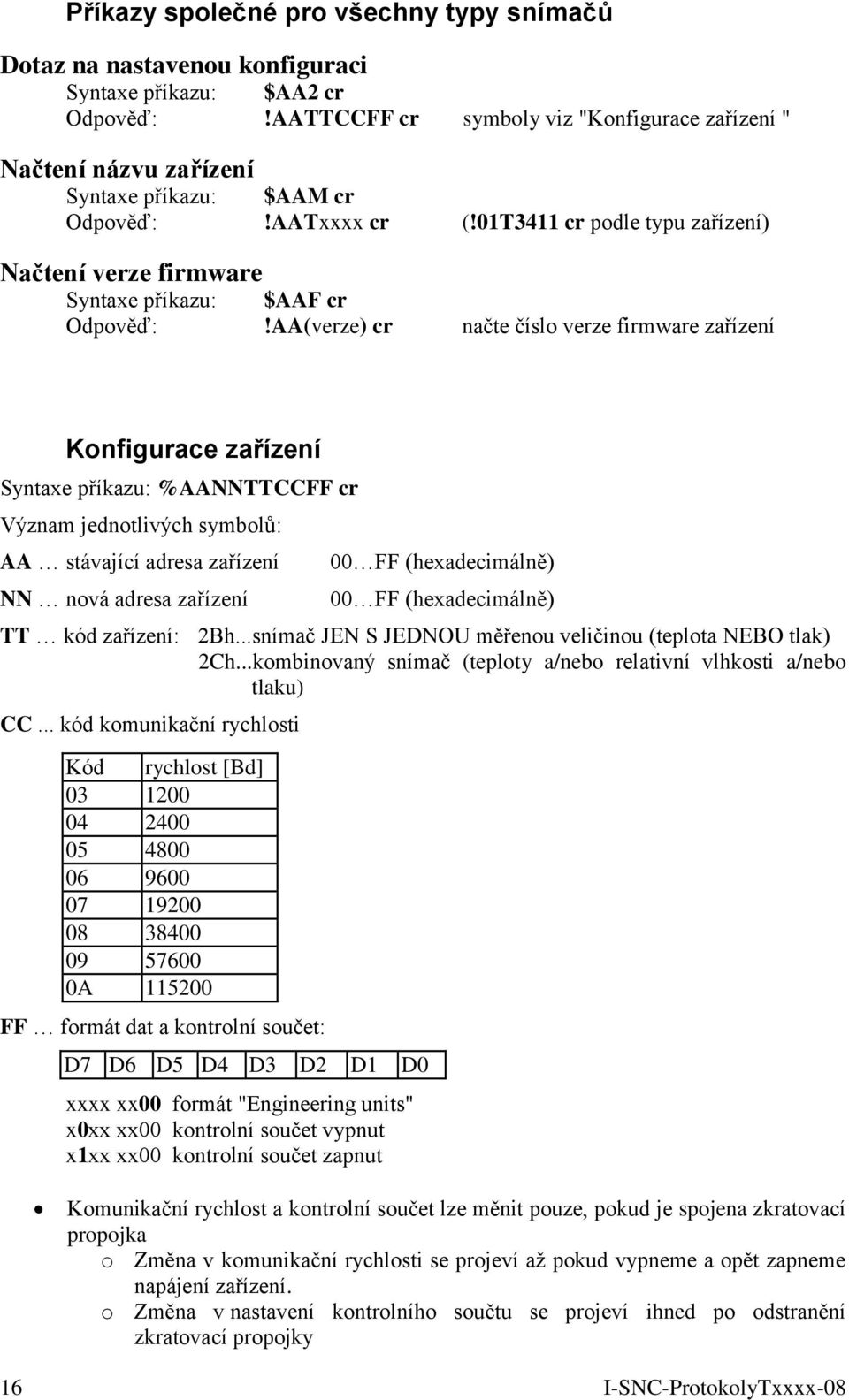 01T3411 cr podle typu zařízení) Načtení verze firmware Syntaxe příkazu: $AAF cr Odpověď:!