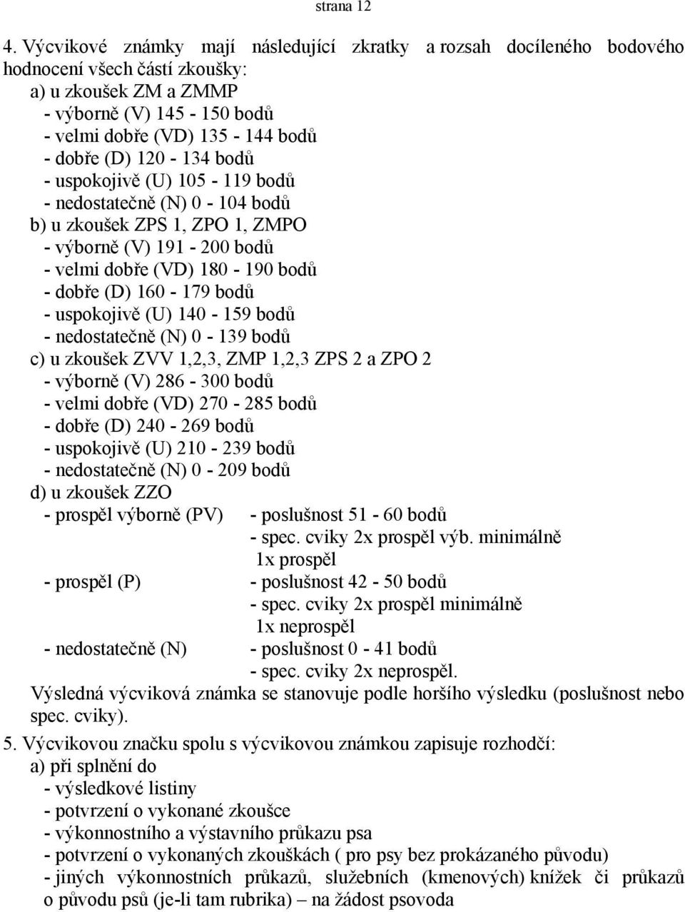 120-134 bodů - uspokojivě (U) 105-119 bodů - nedostatečně (N) 0-104 bodů b) u zkoušek ZPS 1, ZPO 1, ZMPO - výborně (V) 191-200 bodů - velmi dobře (VD) 180-190 bodů - dobře (D) 160-179 bodů -