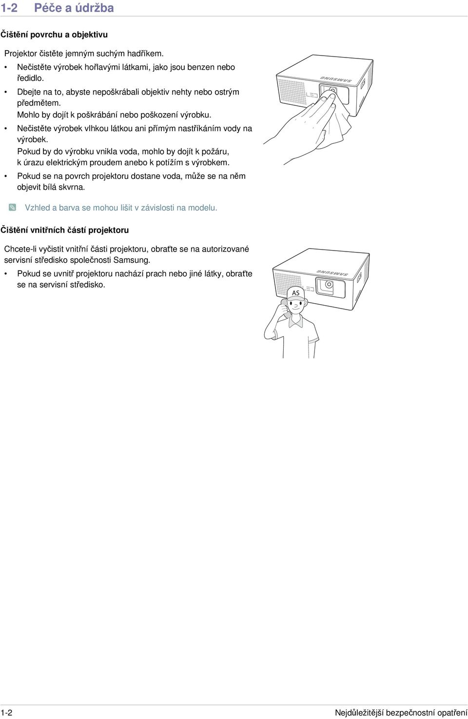 Pokud by do výrobku vnikla voda, mohlo by dojít k požáru, k úrazu elektrickým proudem anebo k potížím s výrobkem. Pokud se na povrch projektoru dostane voda, m že se na n m objevit bílá skvrna.