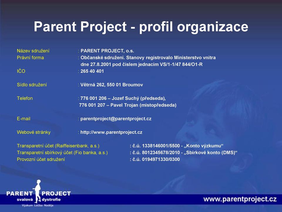 Pavel Trojan (místopředseda) E-mail : parentproject@parentproject.cz Webové stránky : http://www.parentproject.cz Transparetní úč