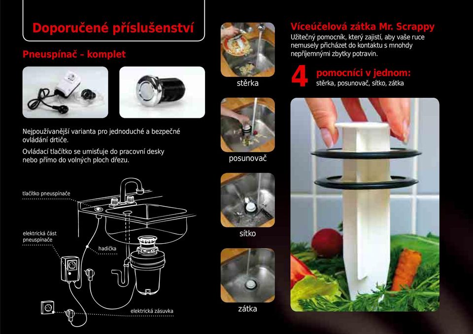 4 pomocníci v jednom: stěrka, posunovač, sítko, zátka Nejpoužívanější varianta pro jednoduché a bezpečné ovládání drtiče.