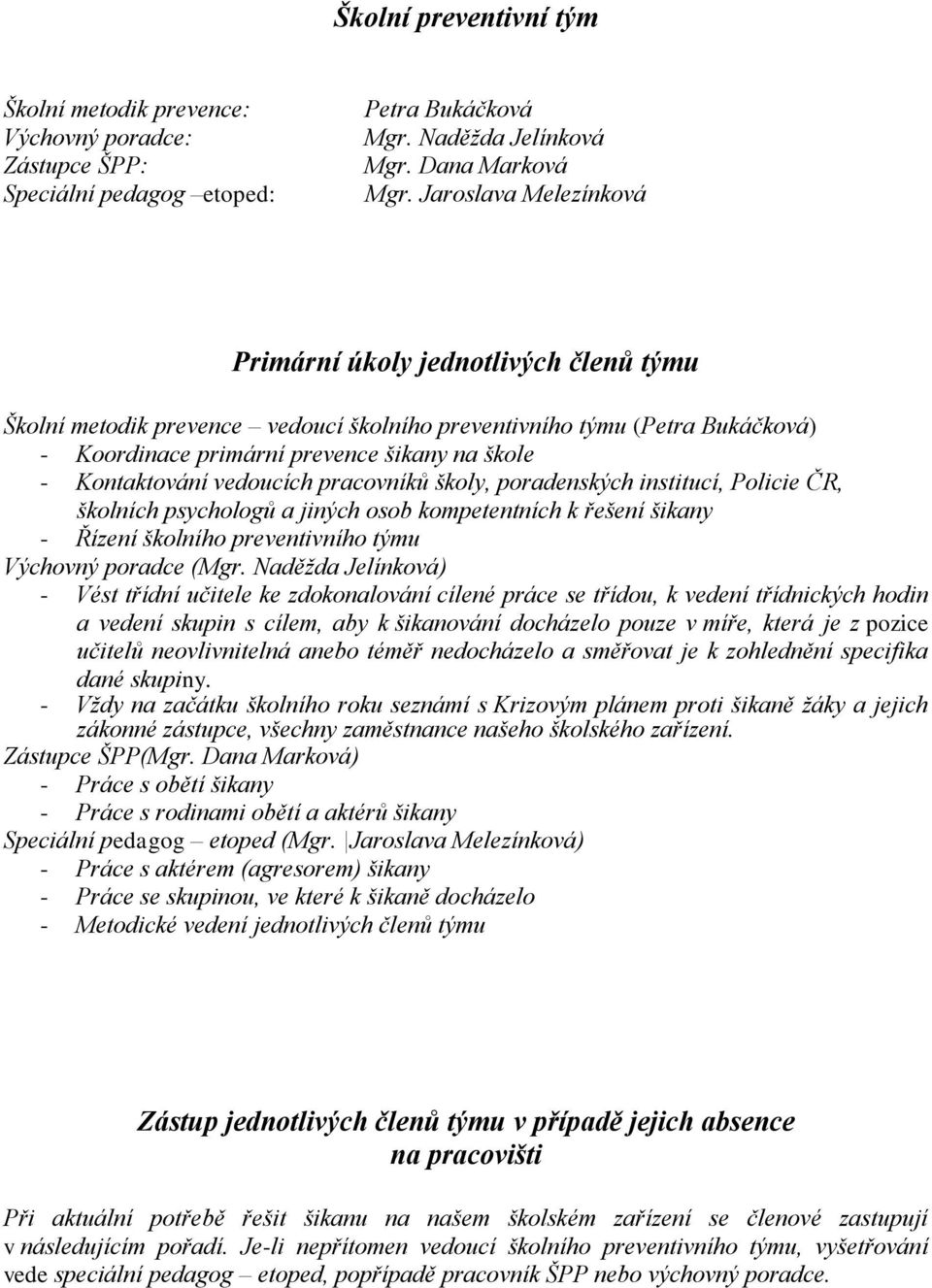 Kontaktování vedoucích pracovníků školy, poradenských institucí, Policie ČR, školních psychologů a jiných osob kompetentních k řešení šikany - Řízení školního preventivního týmu Výchovný poradce (Mgr.