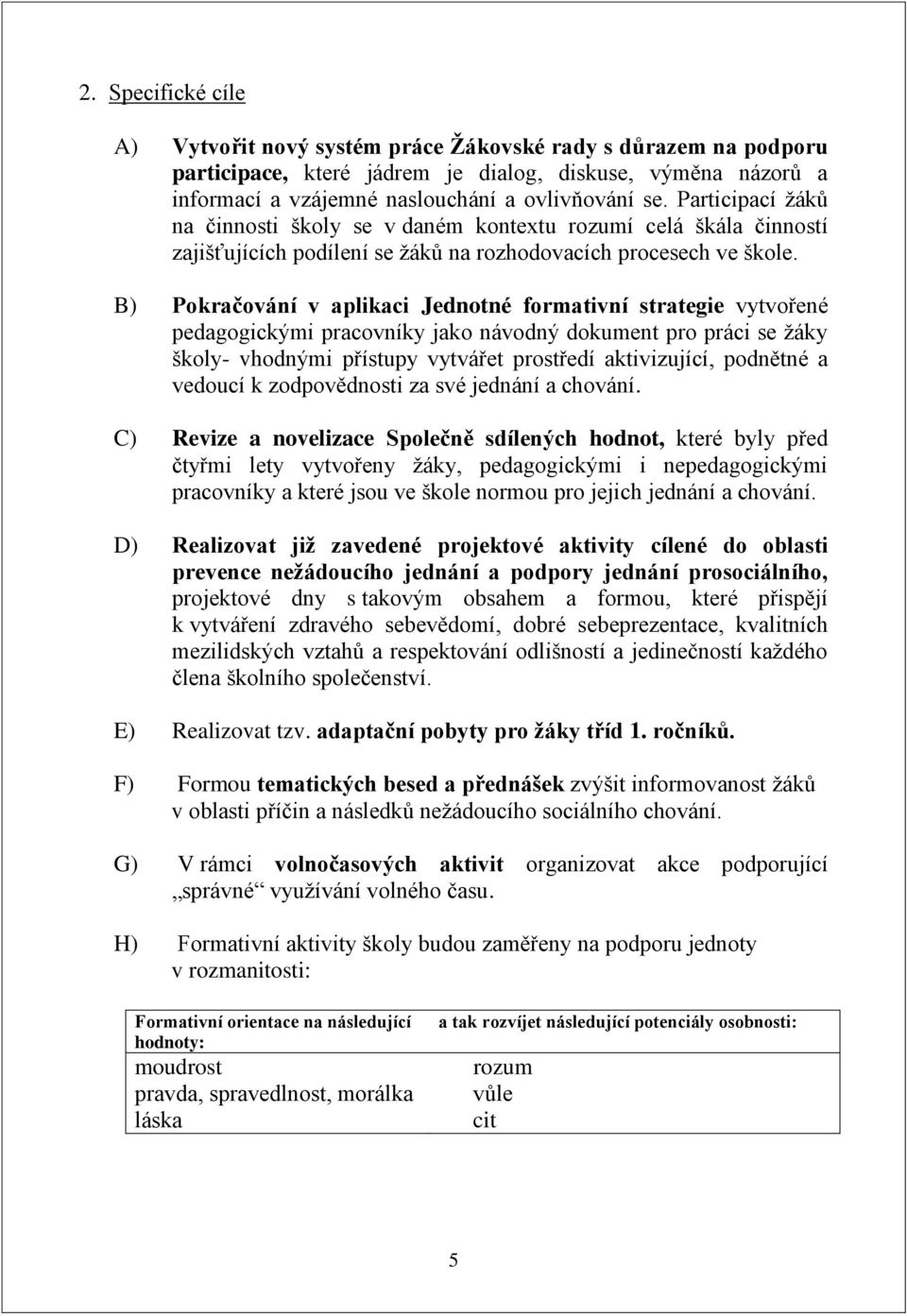 B) Pokračování v aplikaci Jednotné formativní strategie vytvořené pedagogickými pracovníky jako návodný dokument pro práci se žáky školy- vhodnými přístupy vytvářet prostředí aktivizující, podnětné a