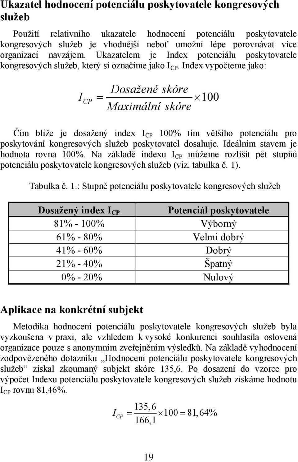 Index vypočteme jako: I CP Dosažené skóre 100 Maximální skóre Čím blíže je dosažený index I CP 100% tím většího potenciálu pro poskytování kongresových služeb poskytovatel dosahuje.