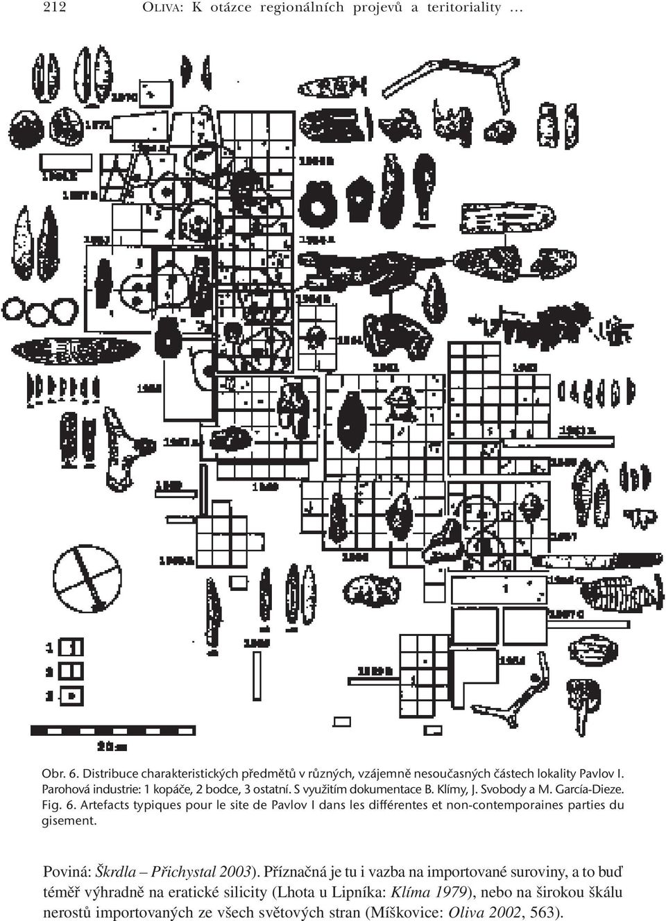 Artefacts typiques pour le site de Pavlov I dans les différentes et non-contemporaines parties du gisement. Poviná: Škrdla Přichystal 2003).