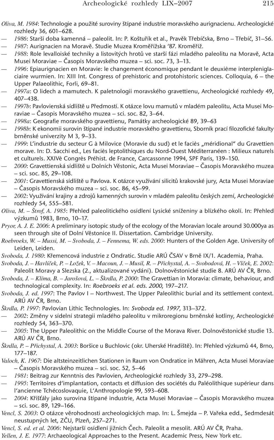 ka 87. Kroměříž. 1988: Role levalloiské techniky a listovitých hrotů ve starší fázi mladého paleolitu na Moravě, Acta Musei Moraviae Časopis Moravského muzea sci. soc. 73, 3 13.