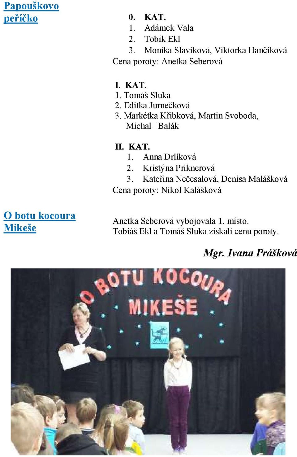 Markétka Křibková, Martin Svoboda, Michal Balák II. KAT. 1. Anna Drlíková 2. Kristýna Priknerová 3.