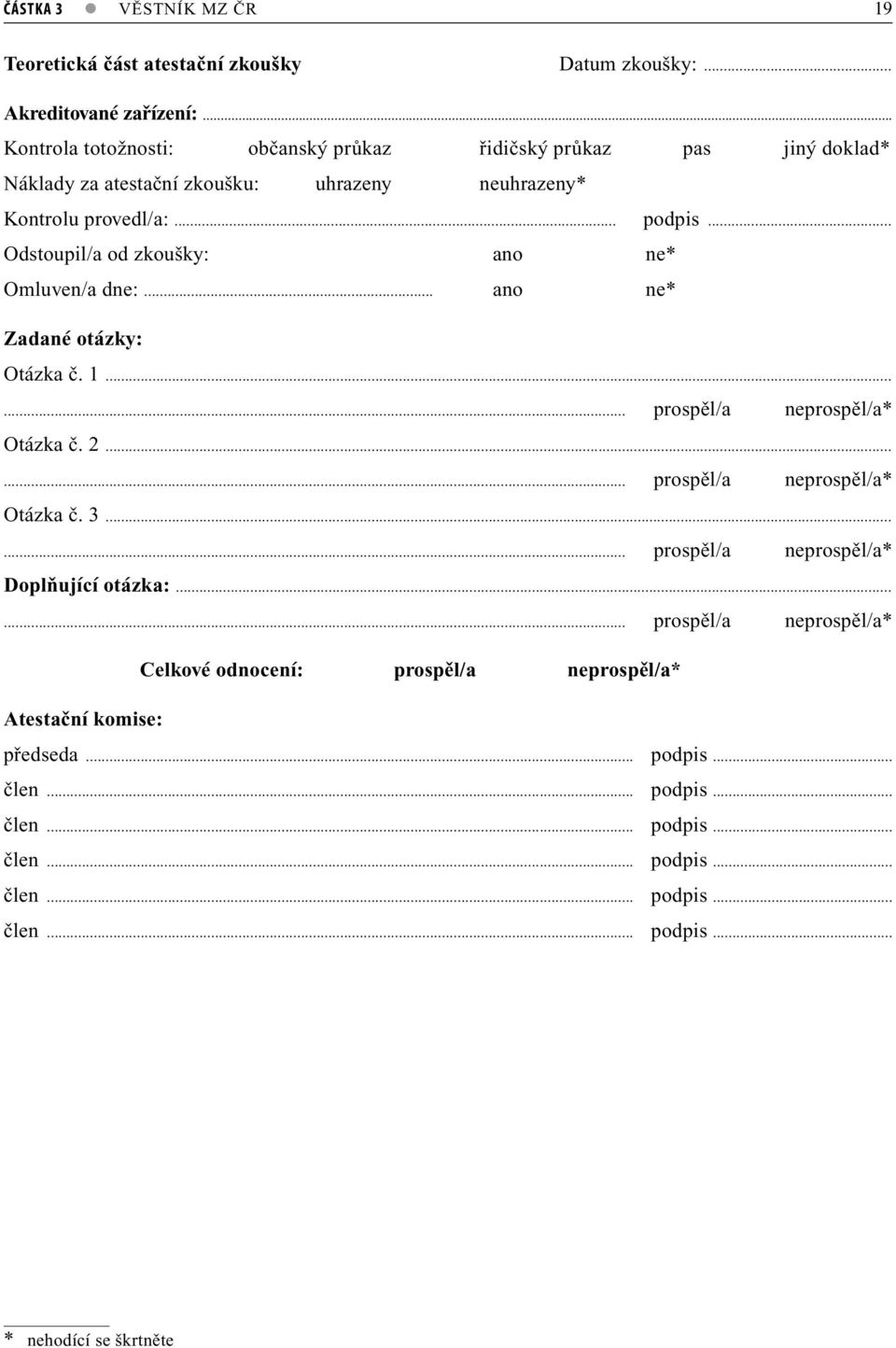 .. Odstoupil/a od zkoušky: ano ne* Omluven/a dne:... ano ne* Zadané otázky: Otázka č. 1...... prospěl/a neprospěl/a* Otázka č. 2...... prospěl/a neprospěl/a* Otázka č. 3.