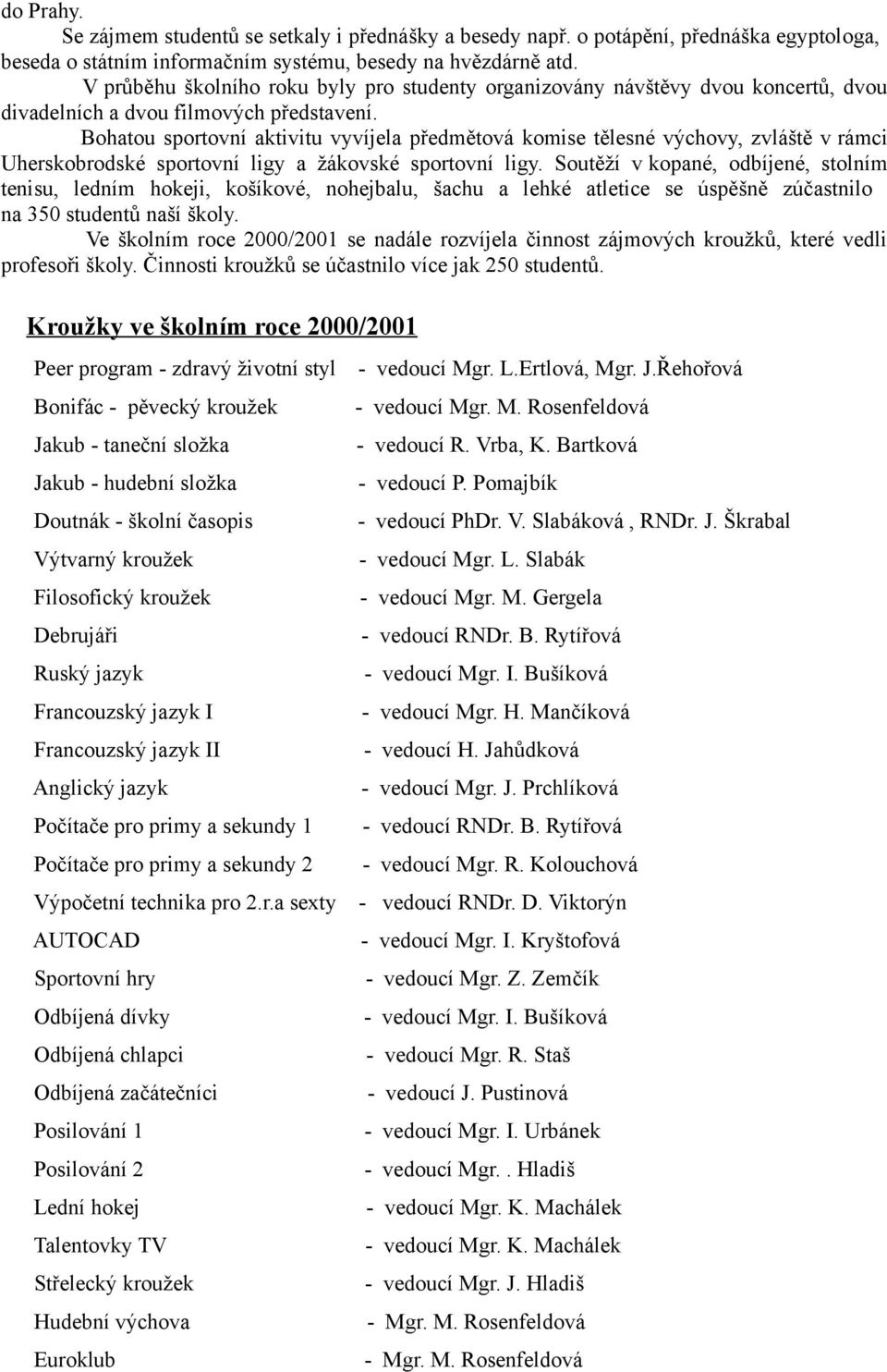 Bohatou sportovní aktivitu vyvíjela předmětová komise tělesné výchovy, zvláště v rámci Uherskobrodské sportovní ligy a žákovské sportovní ligy.