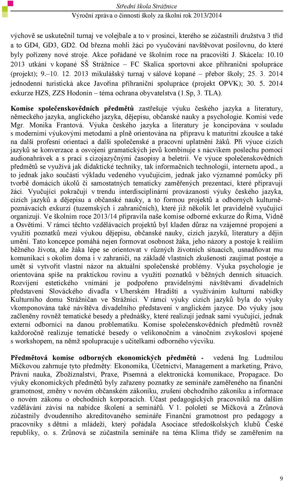 10 2013 utkání v kopané SŠ Strážnice FC Skalica sportovní akce příhraniční spolupráce (projekt); 9. 10. 12. 2013 mikulášský turnaj v sálové kopané přebor školy; 25. 3.