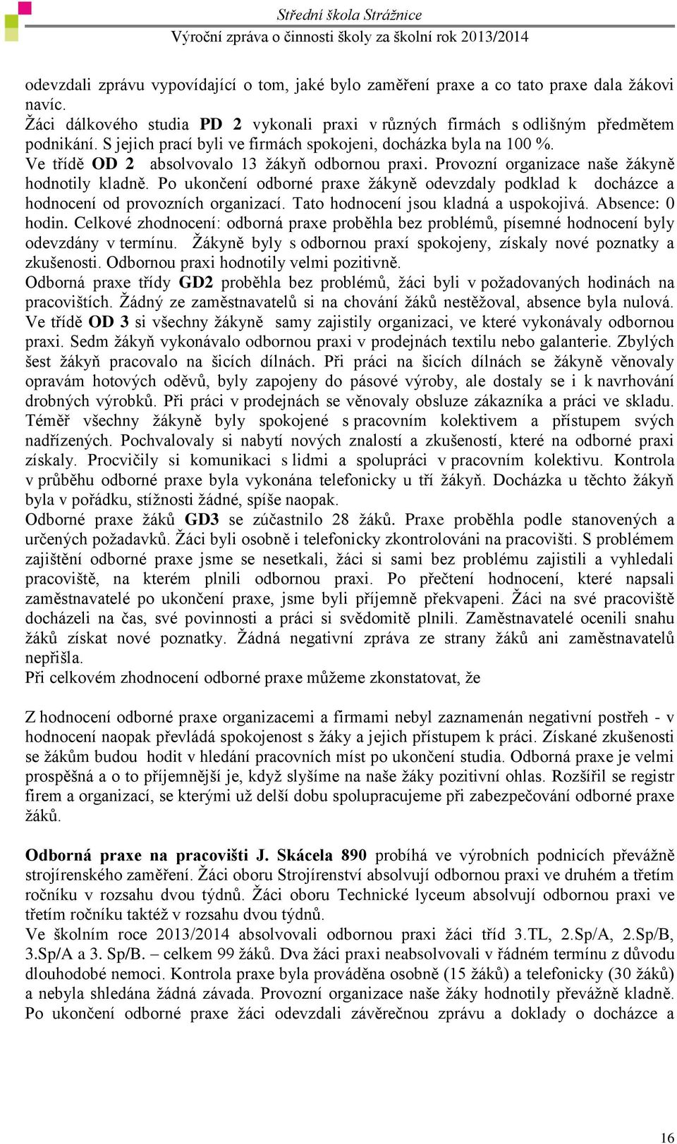 Po ukončení odborné praxe žákyně odevzdaly podklad k docházce a hodnocení od provozních organizací. Tato hodnocení jsou kladná a uspokojivá. Absence: 0 hodin.