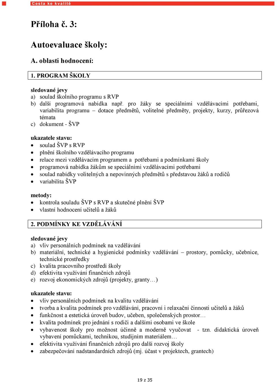 školního vzdělávacího programu relace mezi vzdělávacím programem a potřebami a podmínkami školy programová nabídka žákům se speciálními vzdělávacími potřebami soulad nabídky volitelných a nepovinných