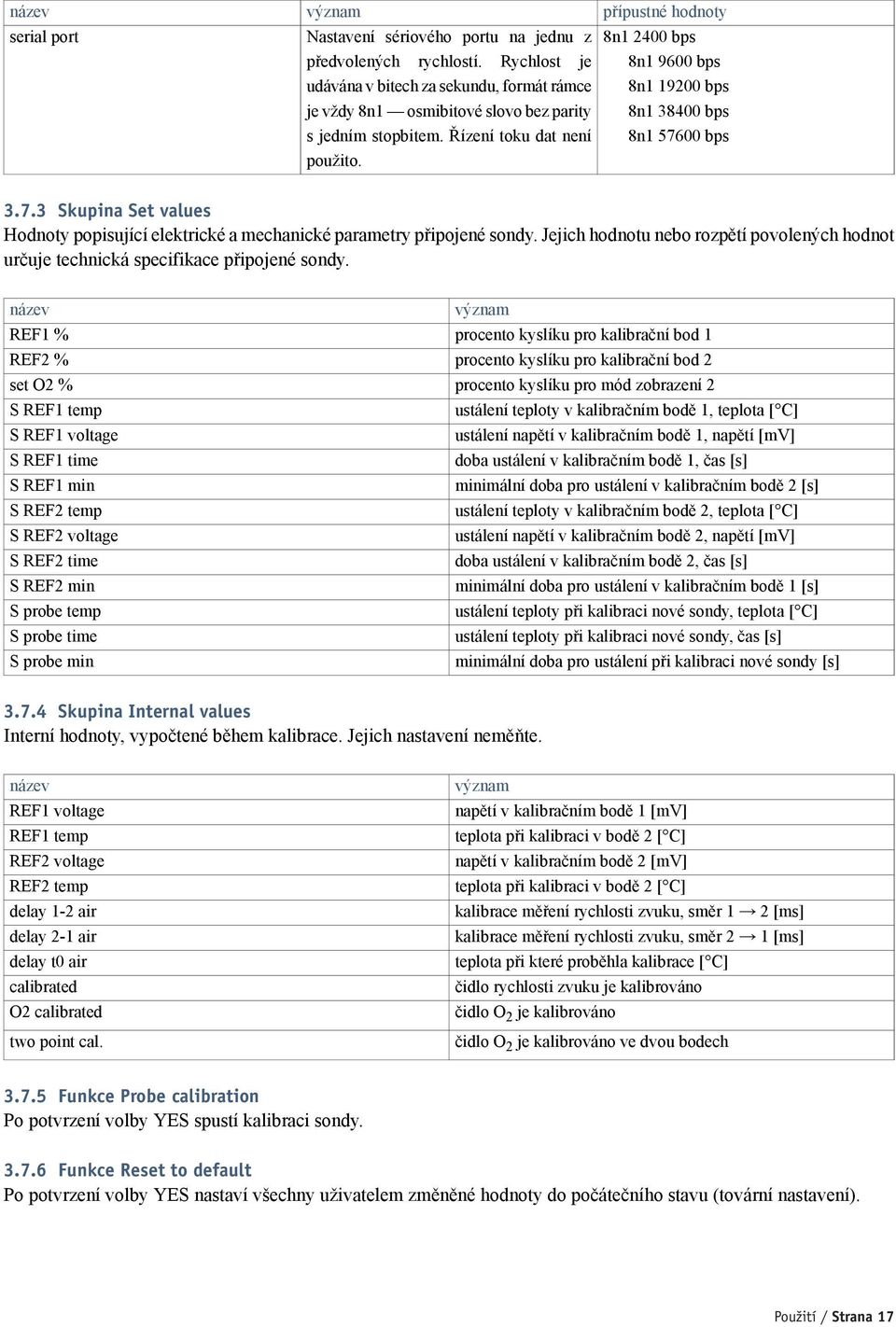 3.7.3 Skupina Set values Hodnoty popisující elektrické a mechanické parametry připojené sondy. Jejich hodnotu nebo rozpětí povolených hodnot určuje technická specifikace připojené sondy.