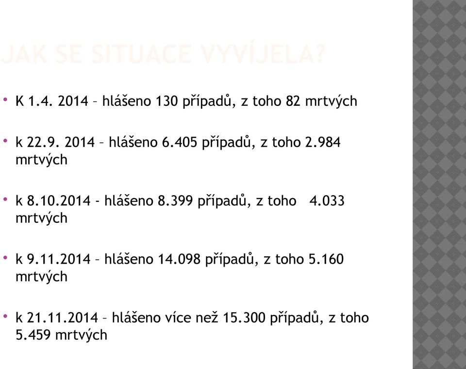 405 případů, z toho 2.984 mrtvých k 8.10.2014 - hlášeno 8.