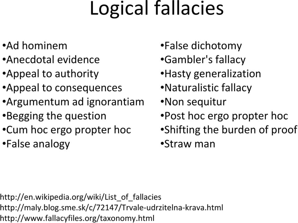 Naturalistic fallacy Non sequitur Post hoc ergo propter hoc Shifting the burden of proof Straw man http://en.wikipedia.