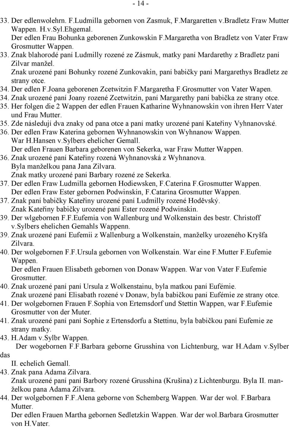 Znak urozené paní Bohunky rozené Zunkovakin, paní babičky paní Margarethys Bradletz ze strany otce. 34. Der edlen F.Joana geborenen Zcetwitzin F.Margaretha F.Grosmutter von Vater Wapen. 34. Znak urozené paní Joany rozené Zcetwitzin, paní Margarethy paní babička ze strany otce.