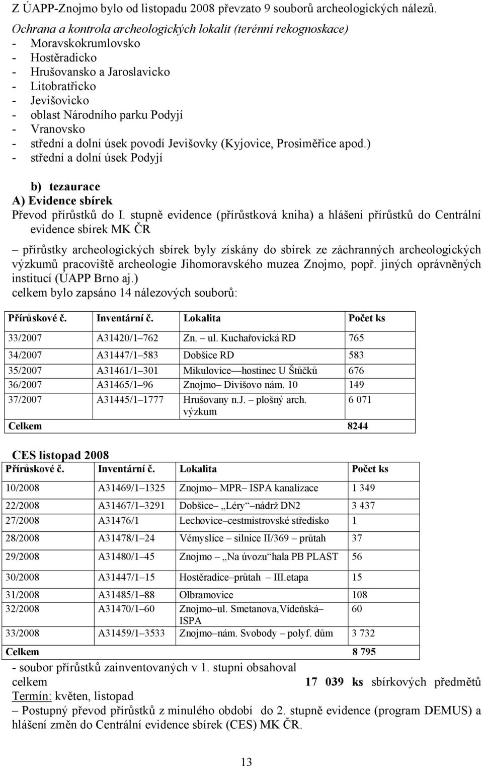 Vranovsko - střední a dolní úsek povodí Jevišovky (Kyjovice, Prosiměřice apod.) - střední a dolní úsek Podyjí b) tezaurace A) Evidence sbírek Převod přírůstků do I.