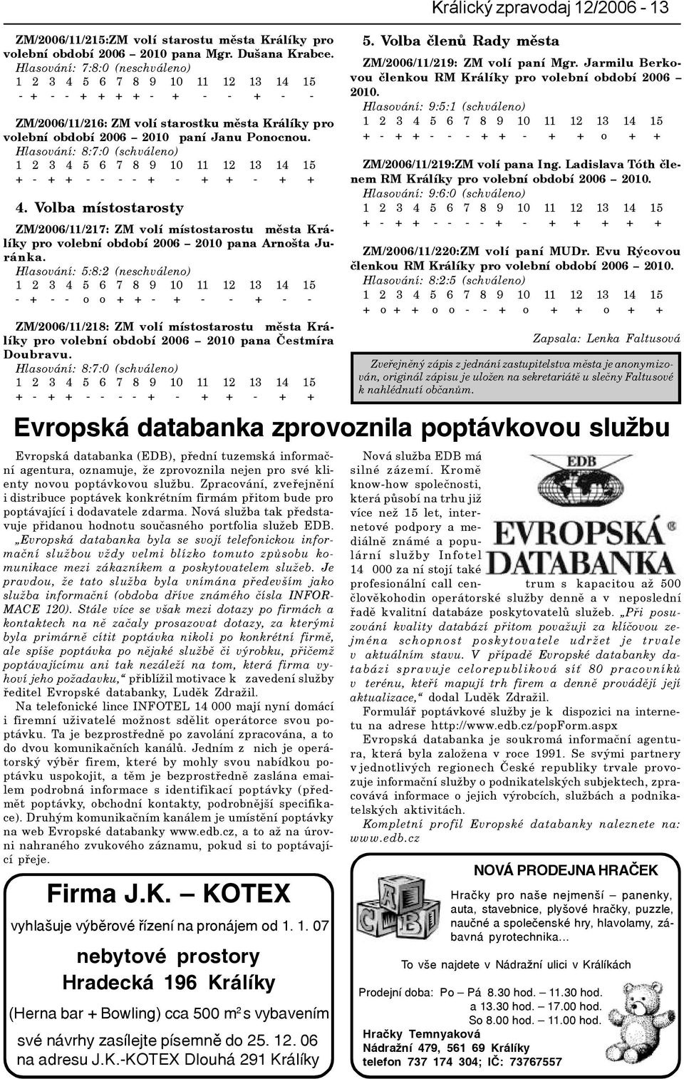 Hlasování: 8:7:0 (schváleno) + - + + - - - - + - + + - + + 4. Volba místostarosty ZM/2006/11/217: ZM volí místostarostu mìsta Králíky pro volební období 2006 2010 pana Arnošta Juránka.