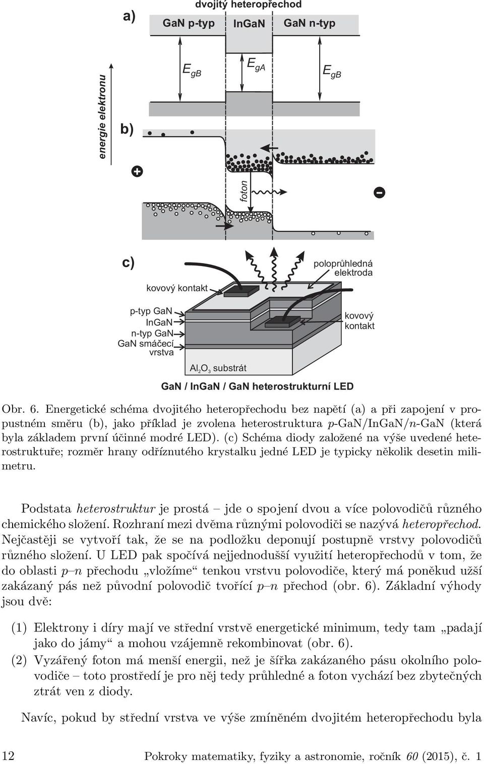 Energetické schéma dvojitého heteropřechodu bez napětí (a) a při zapojení v propustném směru (b), jako příklad je zvolena heterostruktura p-gan/ingan/n-gan (která byla základem první účinné modré