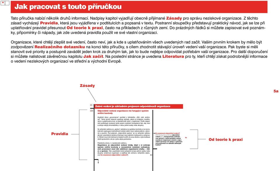 Postranní sloupečky představují praktický návod, jak se lze při uplatňování pravidel přesunout Od teorie k praxi, často na příkladech z různých zemí.