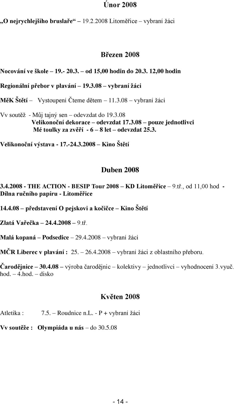 4.2008 - THE ACTION - BESIP Tour 2008 KD Litoměřice 9.tř., od 11,00 hod - Dílna ručního papíru - Litoměřice 14.4.08 představení O pejskovi a kočičce Kino Štětí Zlatá Vařečka 24.4.2008 9.tř. Malá kopaná Podsedice 29.