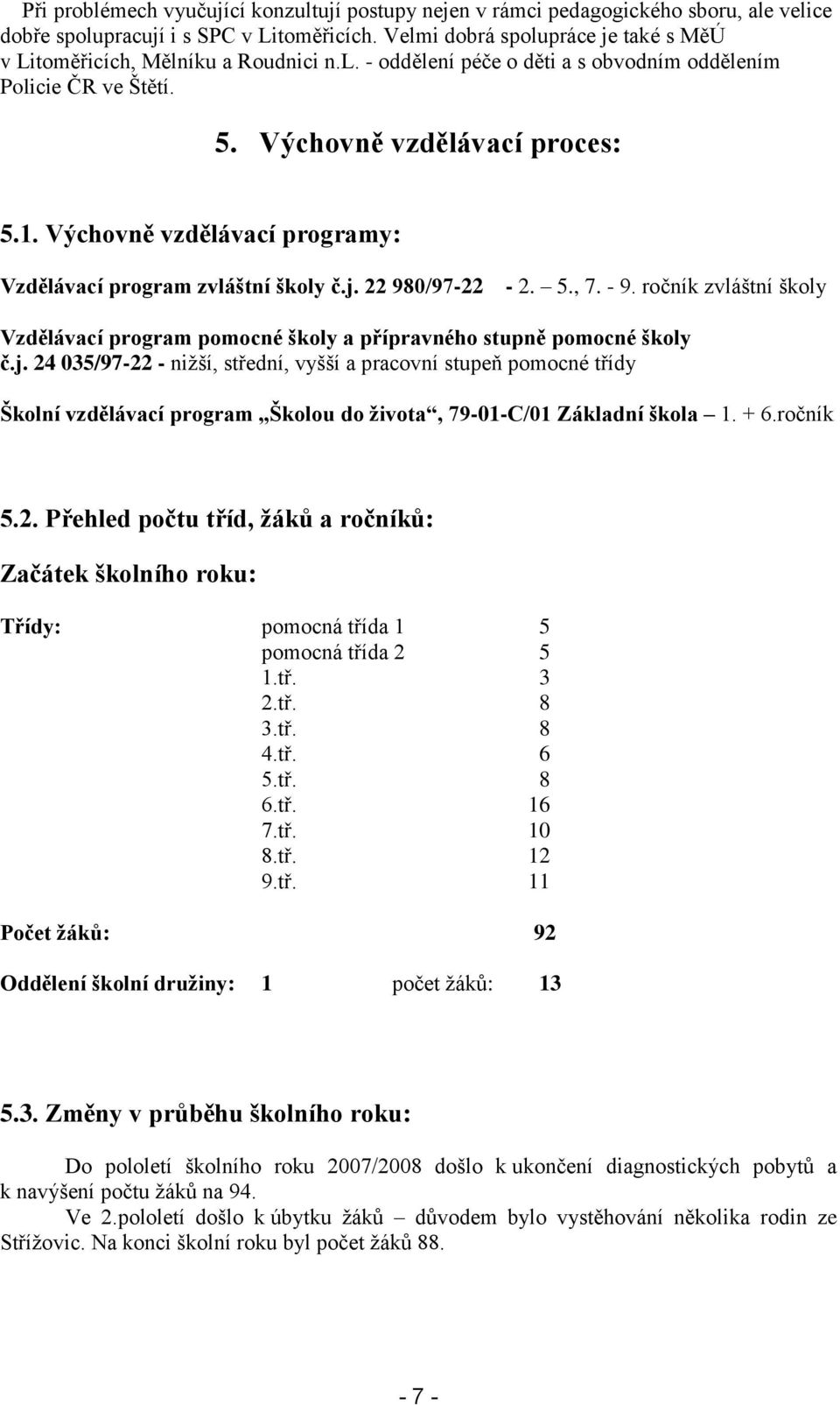 Výchovně vzdělávací programy: Vzdělávací program zvláštní školy č.j.