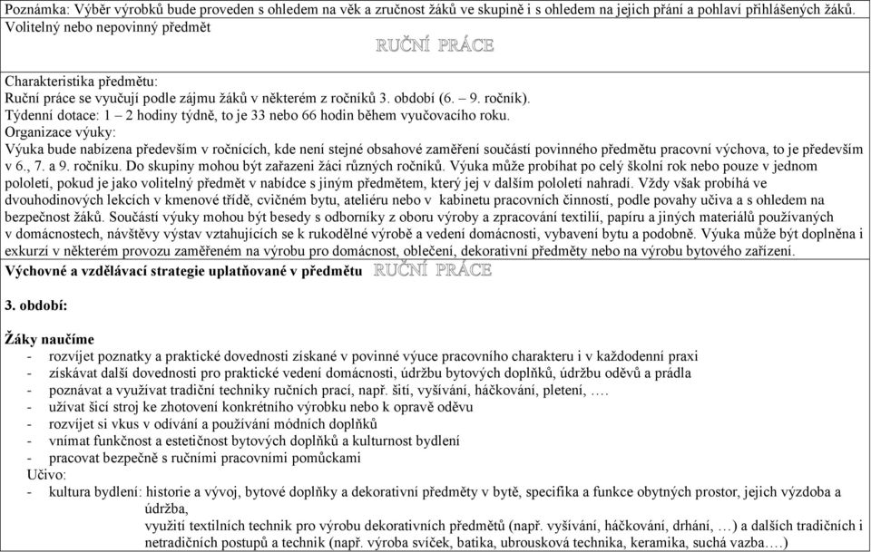 Týdenní dotace: 1 2 hodiny týdně, to je 33 nebo 66 hodin během vyučovacího roku.