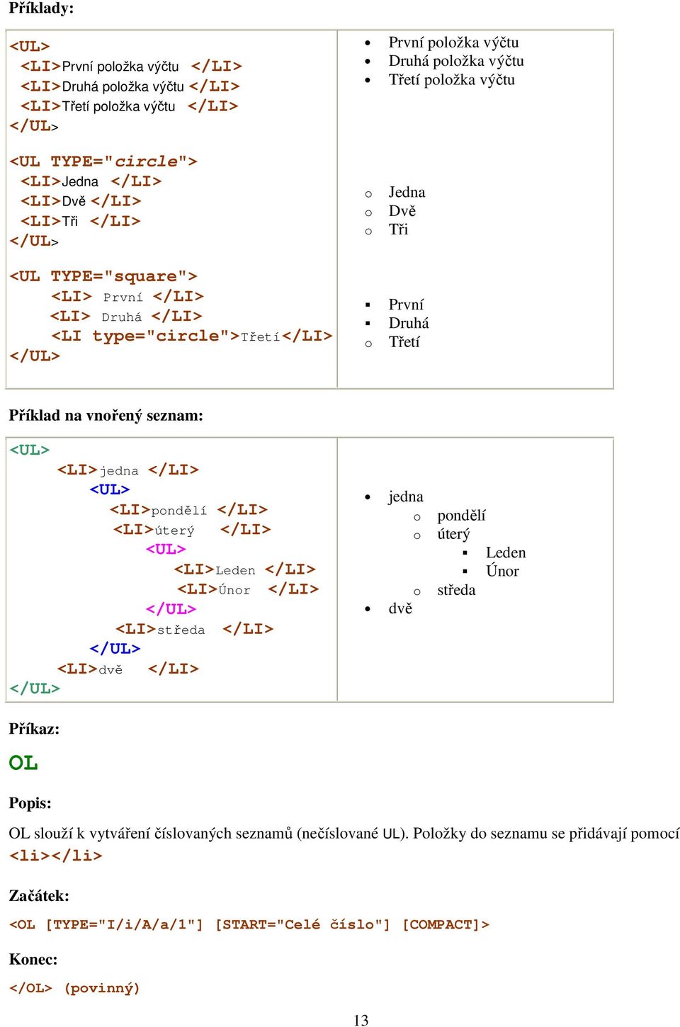 <LI>jedna </LI> <UL> <LI>pondělí </LI> <LI>úterý </LI> <UL> <LI>Leden </LI> <LI>Únor </LI> </UL> <LI>středa </LI> </UL> <LI>dvě </LI> </UL> Příkaz: OL Popis: jedna dvě o o o pondělí úterý Leden Únor