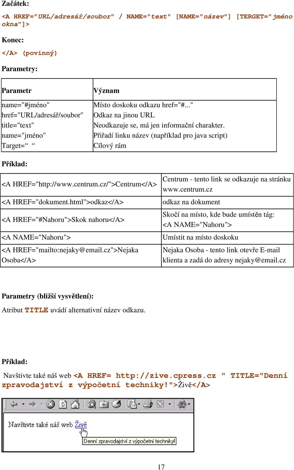 centrum.cz/">Centrum</A> <A HREF="dokument.html">odkaz</A> odkaz na dokument <A HREF="#Nahoru">Skok nahoru</a> Centrum - tento link se odkazuje na stránku www.centrum.cz Skočí na místo, kde bude umístěn tág: <A NAME="Nahoru"> <A NAME="Nahoru"> Umístit na místo doskoku <A HREF="mailto:nejaky@email.