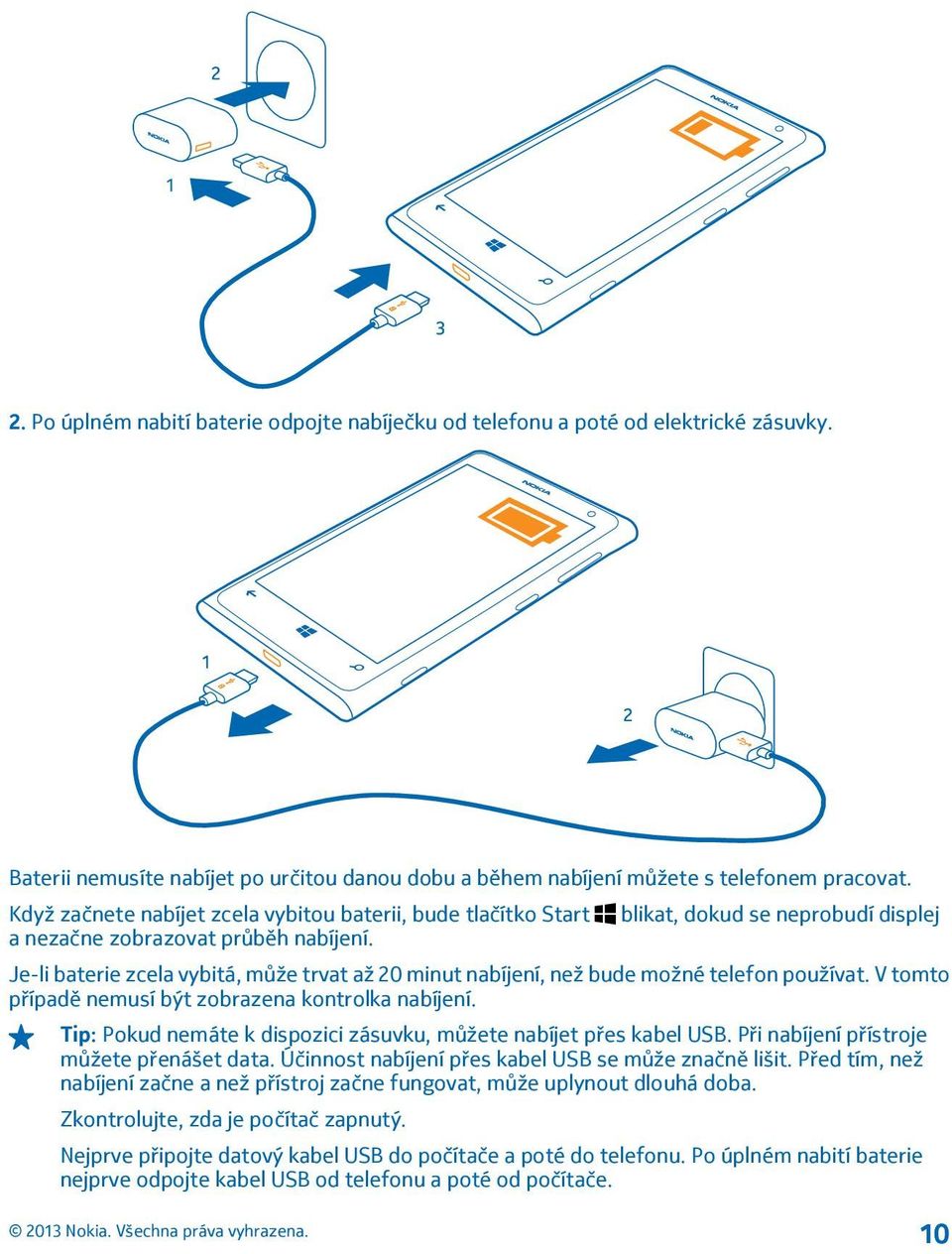 Je-li baterie zcela vybitá, může trvat až 20 minut nabíjení, než bude možné telefon používat. V tomto případě nemusí být zobrazena kontrolka nabíjení.