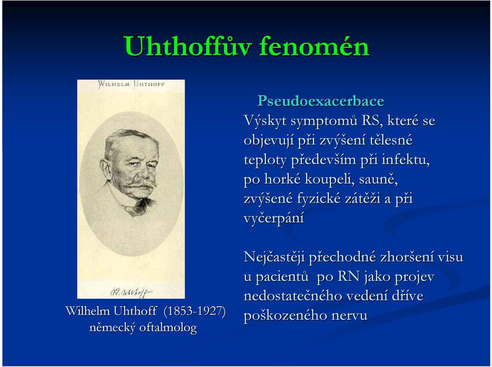 p vyčerp erpání Wilhelm Uhthoff (1853-1927) 1927) německý oftalmolog Nejčast astěji přechodnp