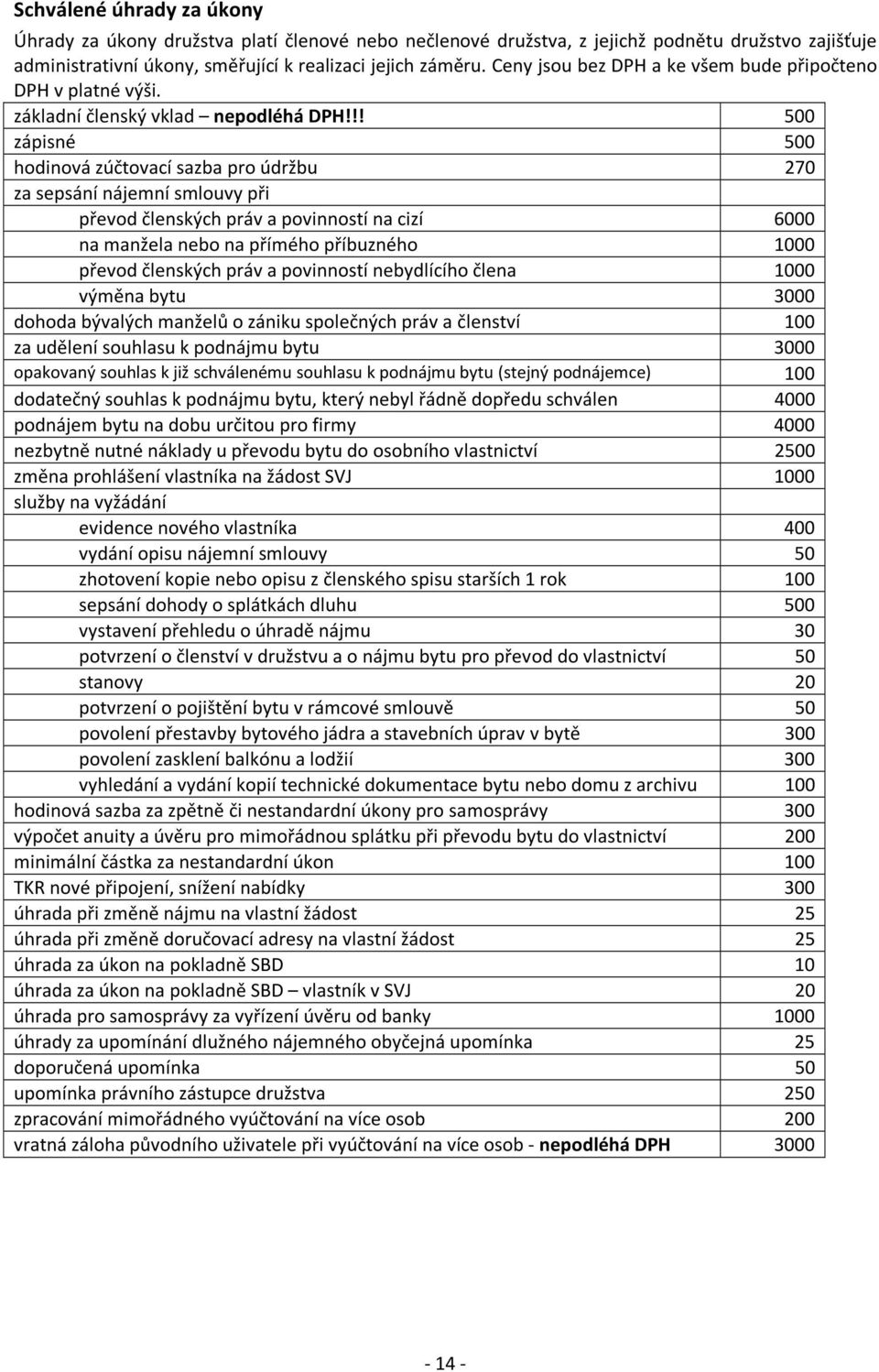 !! 500 zápisné 500 hodinová zúčtovací sazba pro údržbu 270 za sepsání nájemní smlouvy při převod členských práv a povinností na cizí 6000 na manžela nebo na přímého příbuzného 1000 převod členských