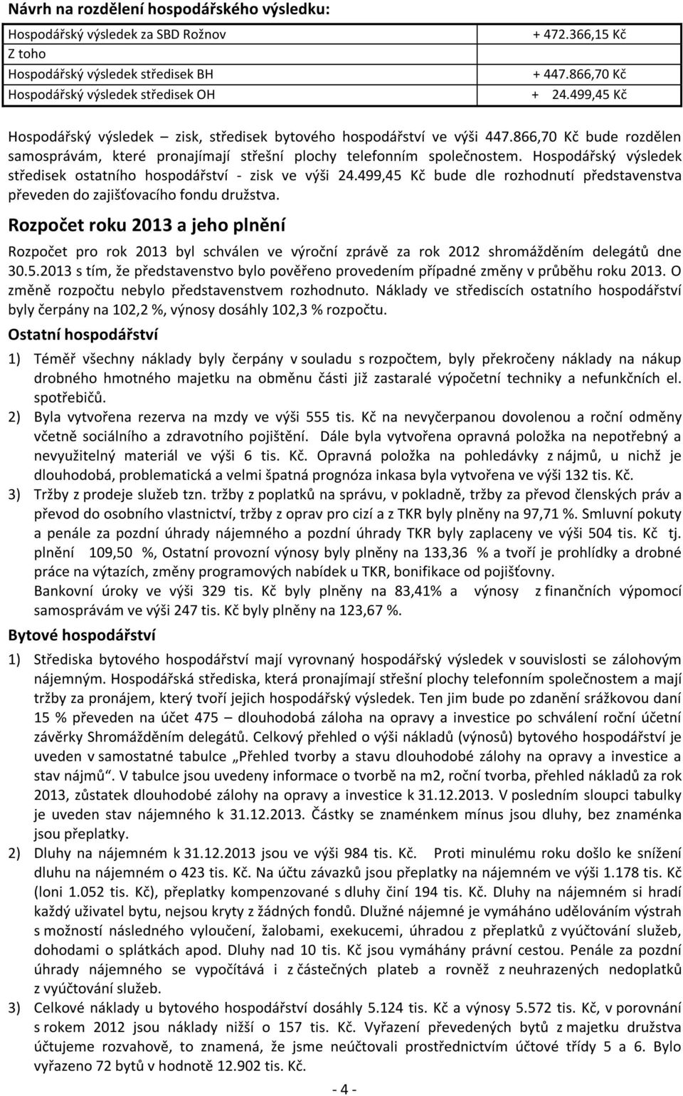 Hospodářský výsledek středisek ostatního hospodářství - zisk ve výši 24.499,45 Kč bude dle rozhodnutí představenstva převeden do zajišťovacího fondu družstva.