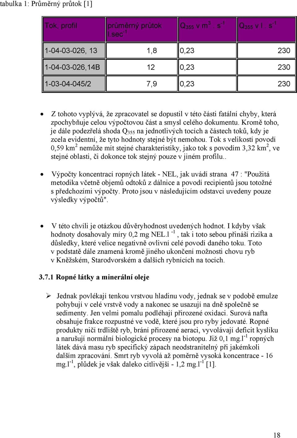 část a smysl celého dokumentu. Kromě toho, je dále podezřelá shoda Q 355 na jednotlivých tocích a částech toků, kdy je zcela evidentní, že tyto hodnoty stejné být nemohou.